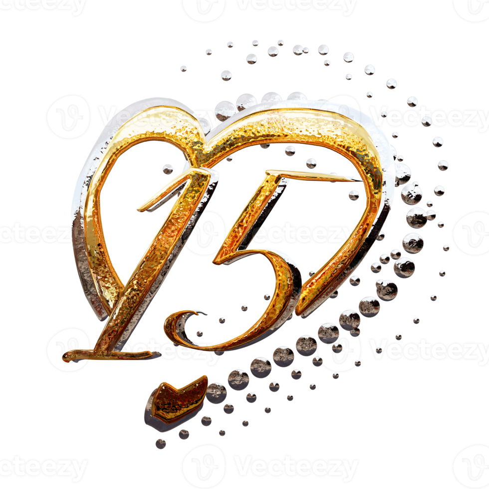 3D ILLUSTRATION,TEXT EFFECT GOLD AND SILVER 15 YEAR ANNIVERSARY DATE png