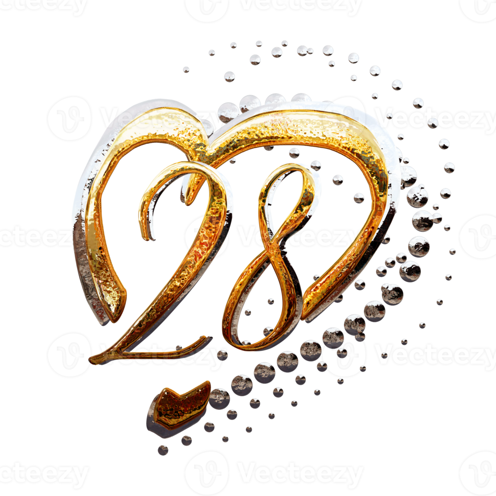 3D ILLUSTRATION,TEXT EFFECT GOLD AND SILVER 28 YEAR ANNIVERSARY DATE png