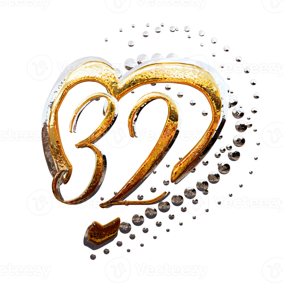 3D ILLUSTRATION,TEXT EFFECT GOLD AND SILVER 32 YEAR ANNIVERSARY DATE png