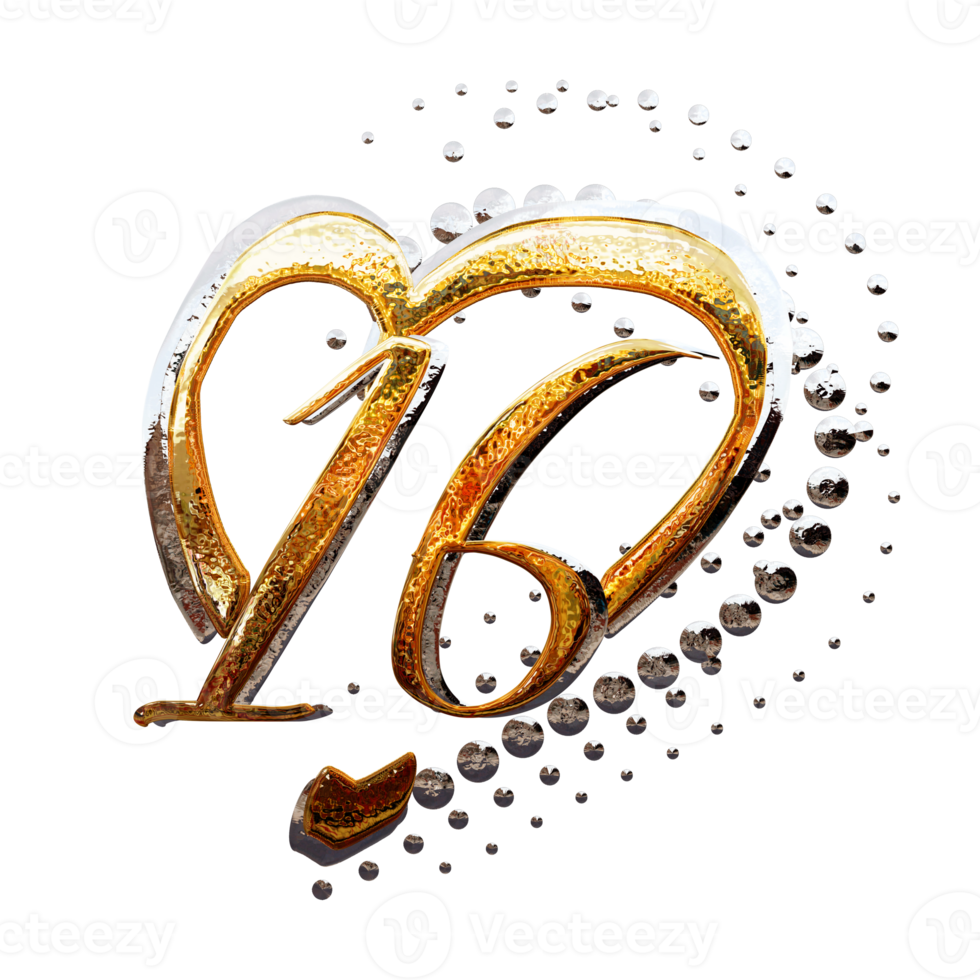 3D ILLUSTRATION,TEXT EFFECT GOLD AND SILVER 16 YEAR ANNIVERSARY DATE png