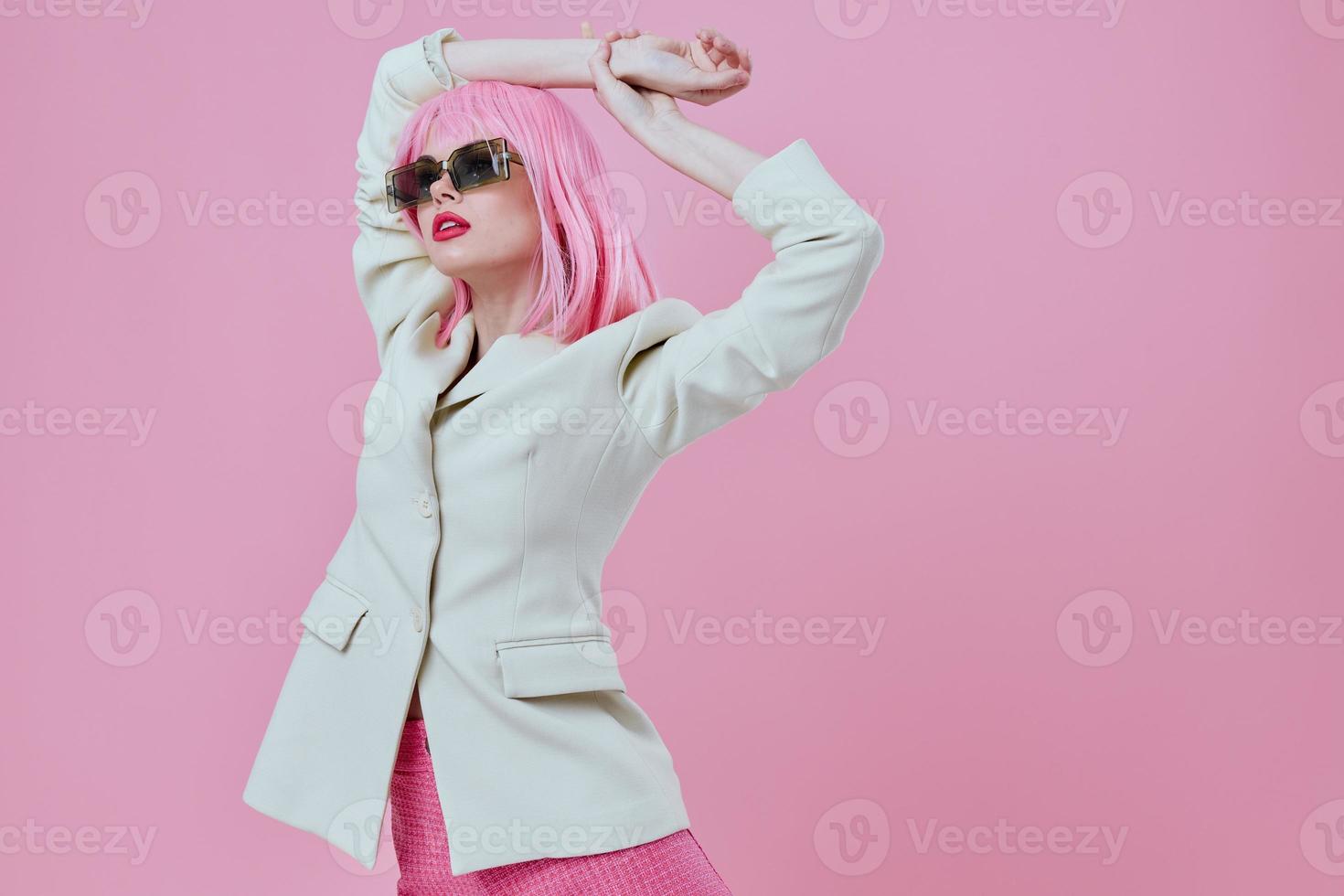 Beautiful fashionable girl modern style pink hair sunglasses color background unaltered photo