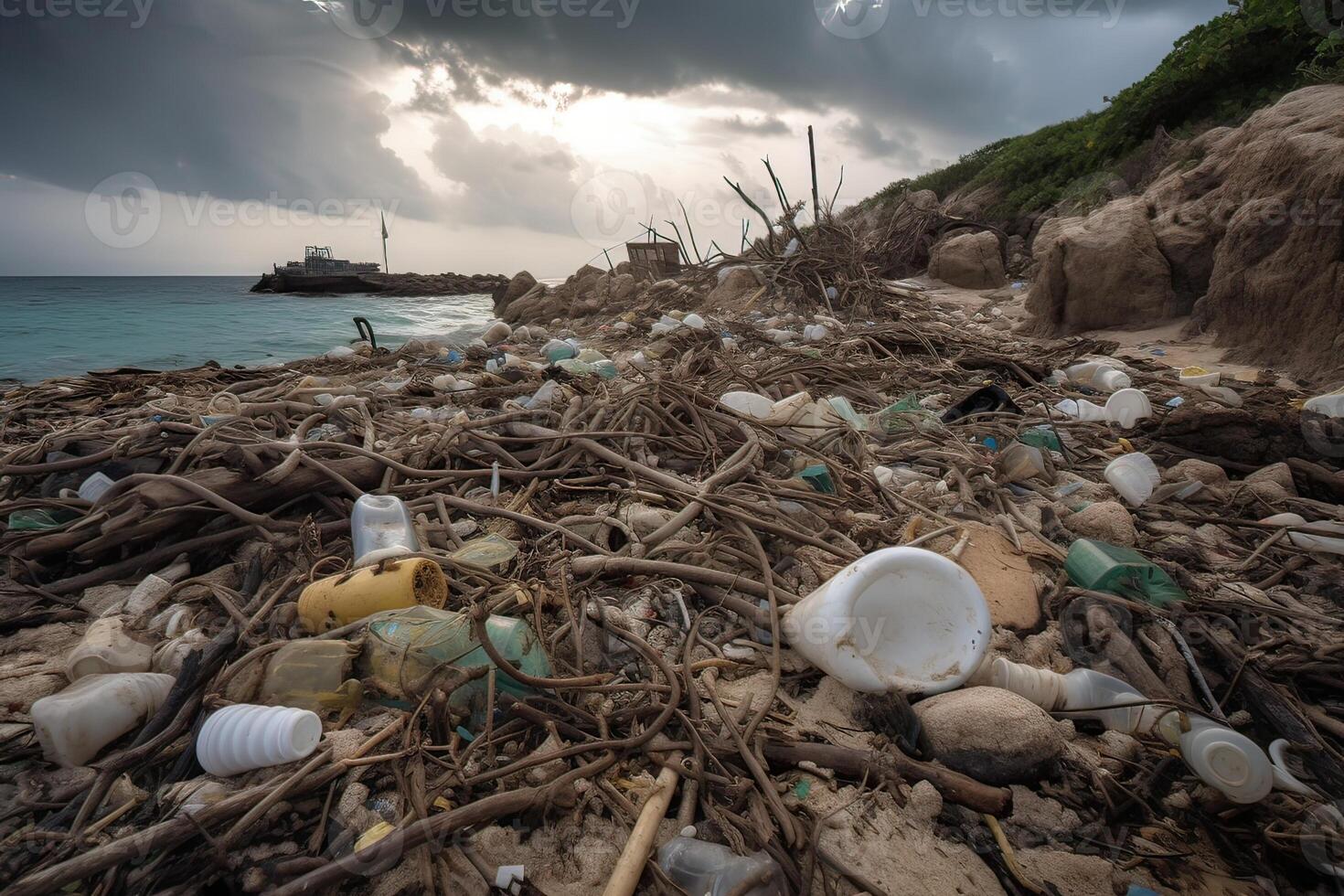 derramado basura en el playa de el grande ciudad. vacío usado sucio el plastico botellas sucio mar arenoso apuntalar el negro mar. ambiental contaminación. ecológico problema. generativo ai. foto