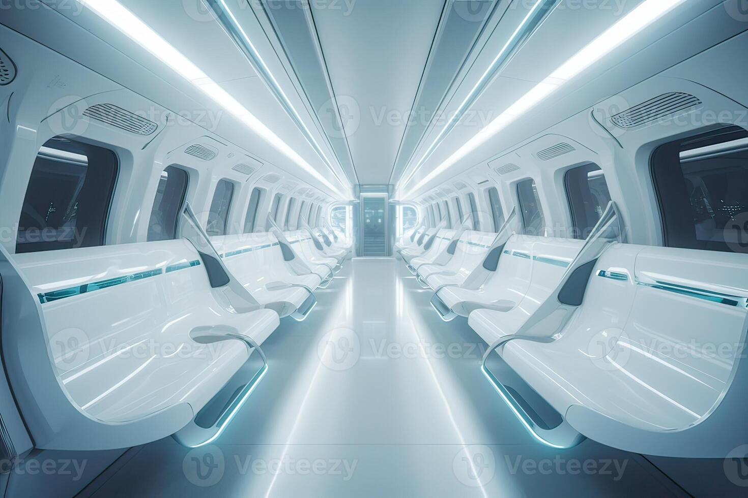 Futuristic Train interior inside view. Futuristic train interior with empty seats. . photo