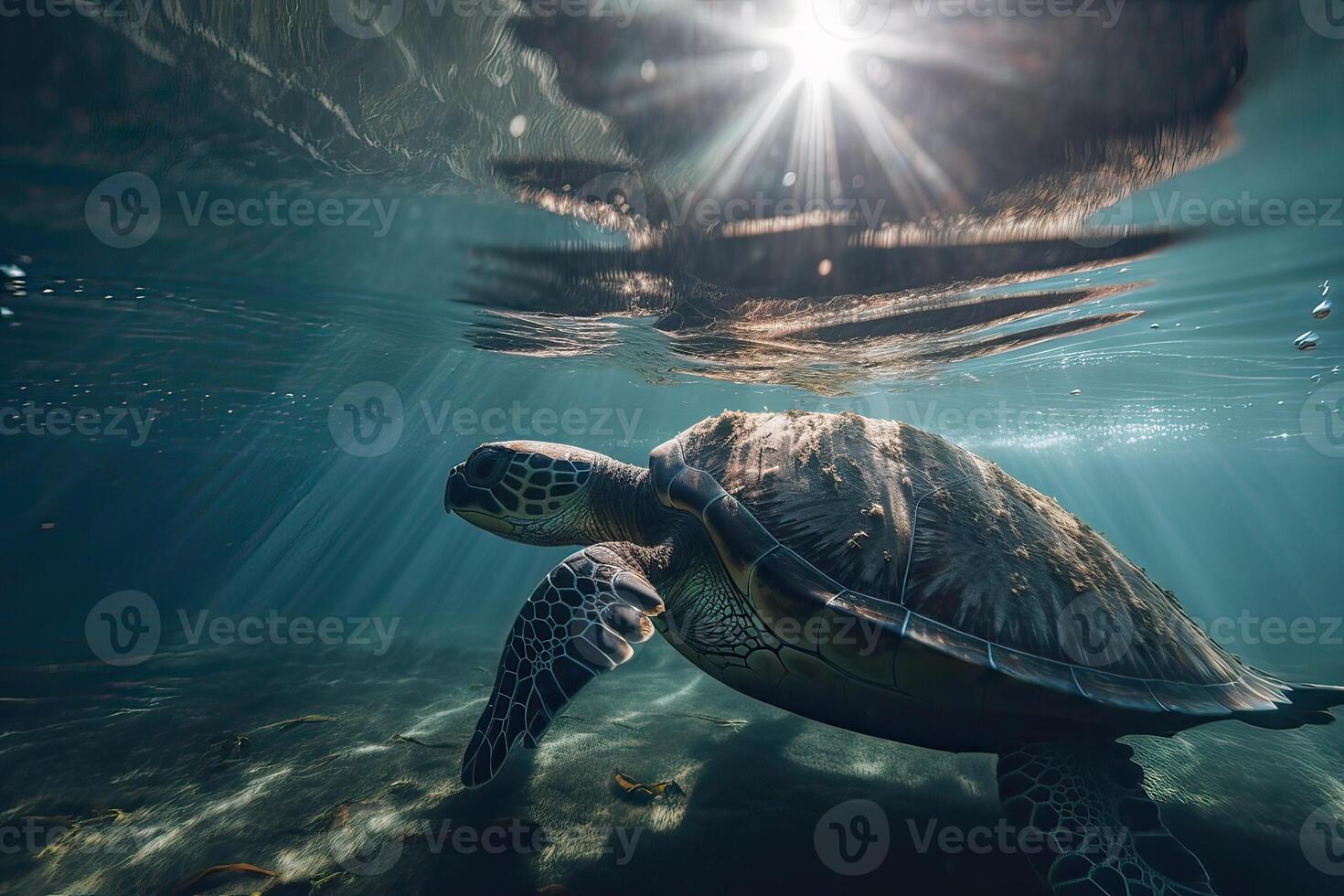 hermosa submarino tarjeta postal. maldivo mar Tortuga flotante arriba y terminado coral arrecife. necio en salvaje naturaleza hábitat. generativo ai. foto