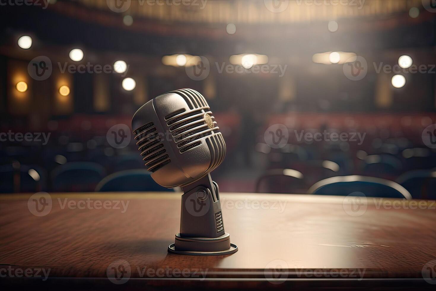 Microphone On The Theater Stage Before The Concert With Empty Seats And Blurred Lights. . photo