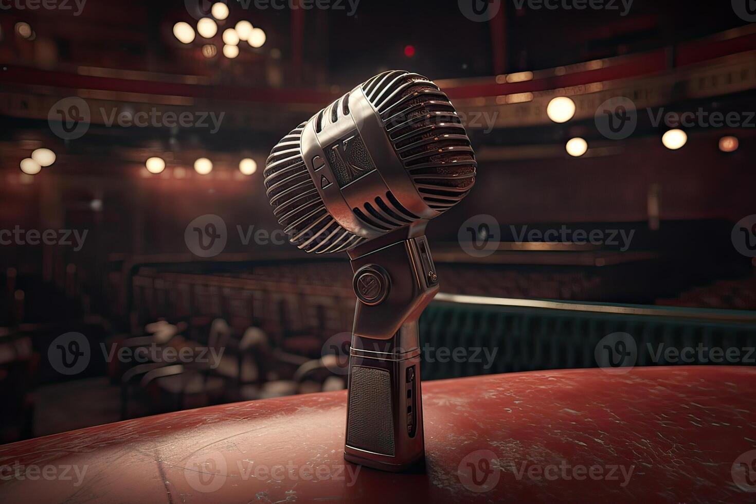 micrófono en el teatro etapa antes de el concierto con vacío asientos y borroso luces. generativo ai. foto