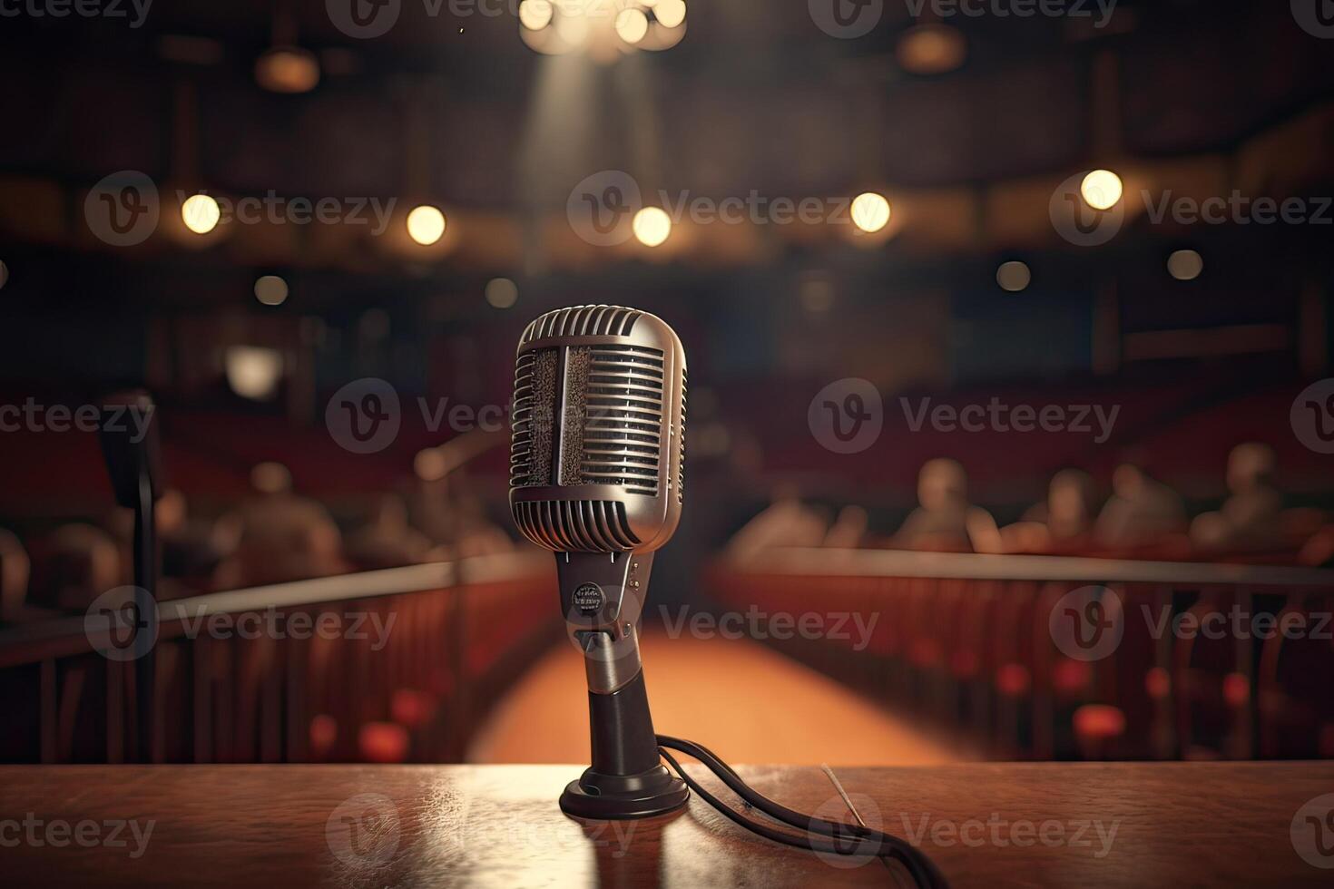 Microphone On The Theater Stage Before The Concert With Empty Seats And Blurred Lights. . photo