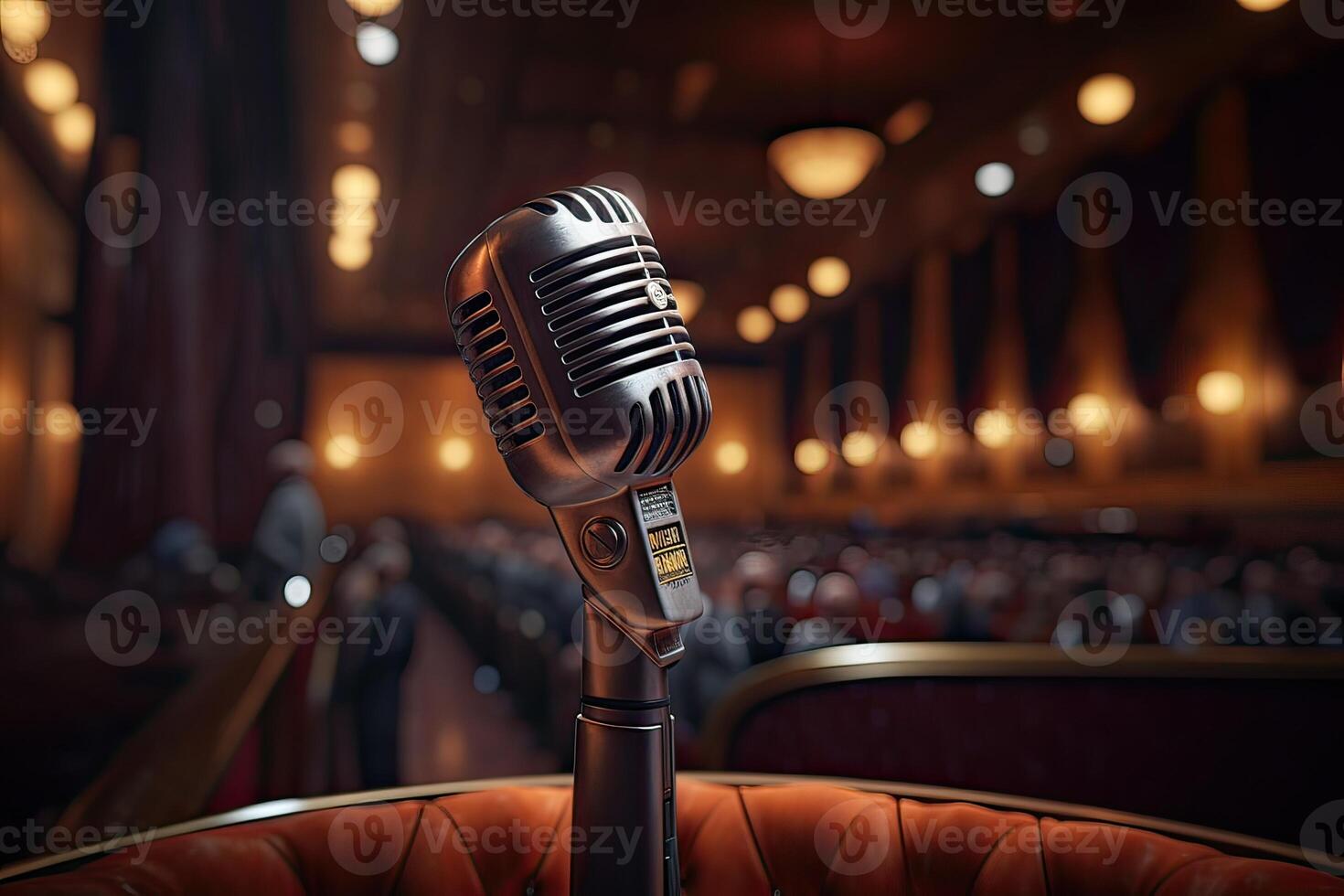 Microphone On The Theater Stage Before The Concert With Empty Seats And Blurred Lights. . photo