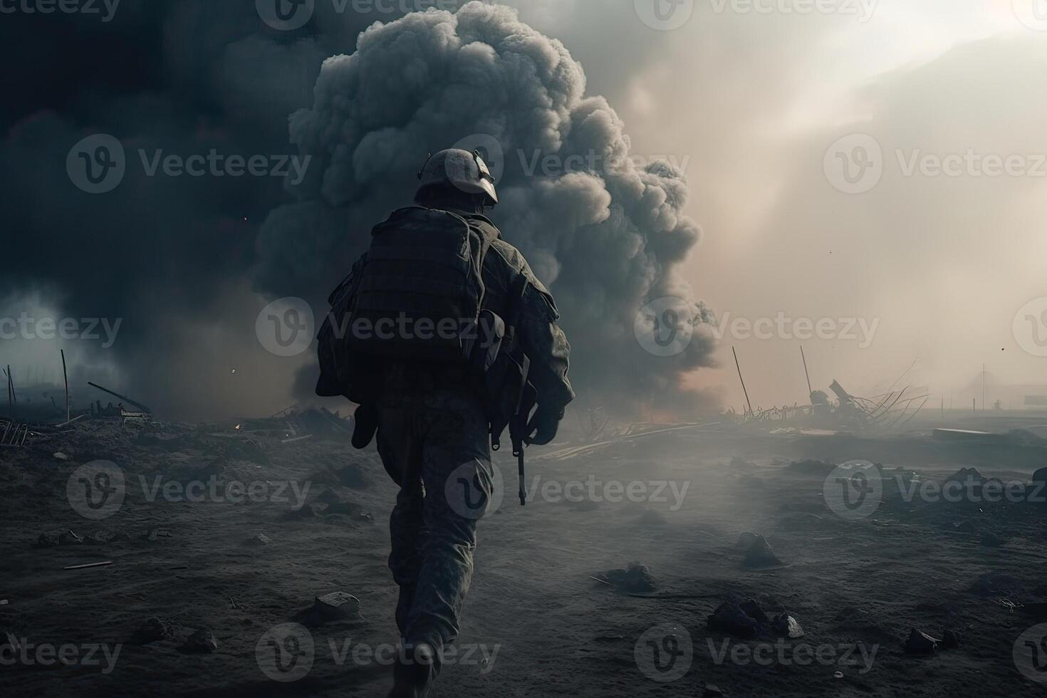 Lone soldier walking on the battlefield. Illustration of a military man walking on an empty destroyed environment. Destruction, war scene. Smoke and fog. Sad combat feeling. . photo