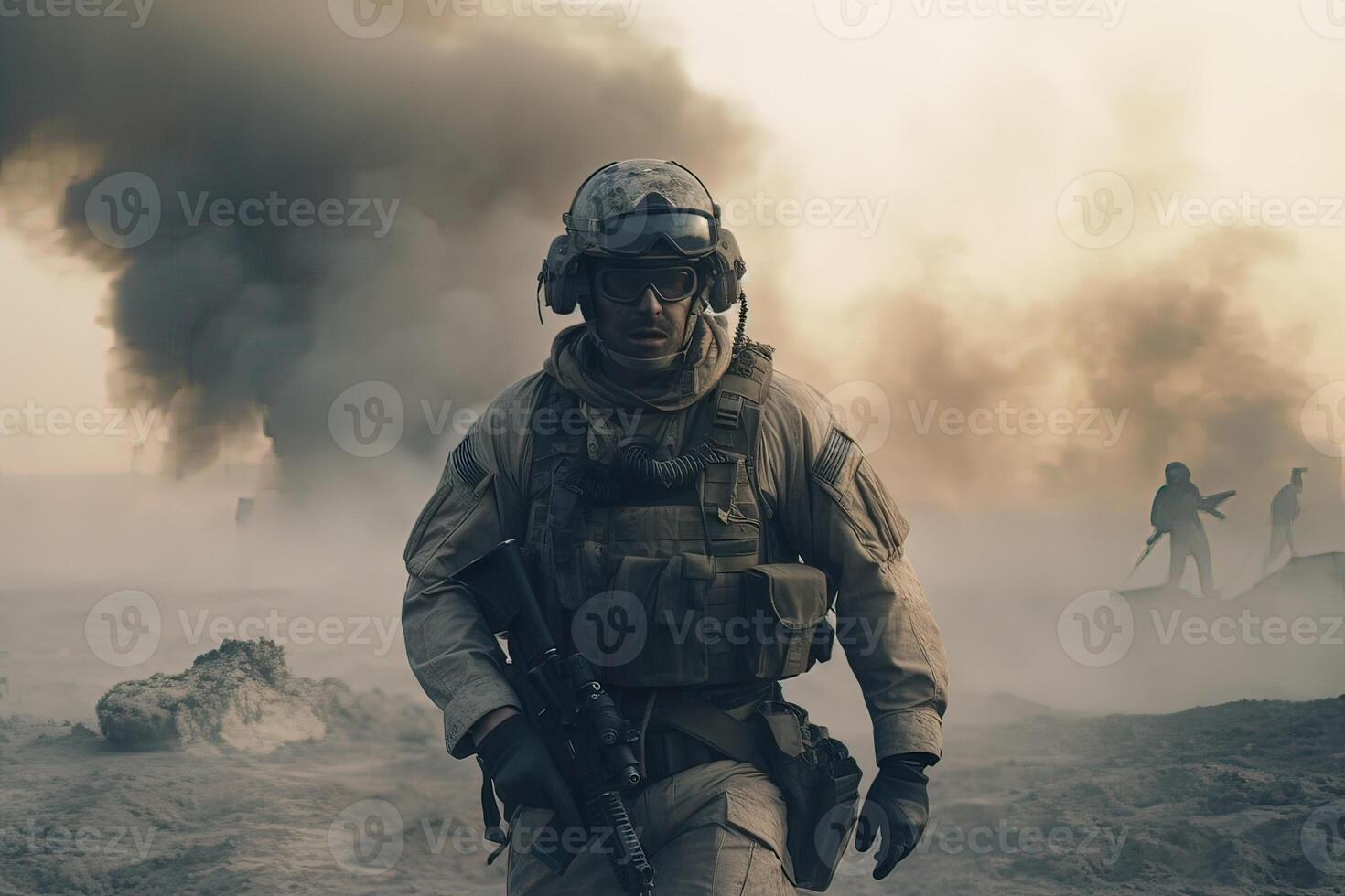 Lone soldier walking on the battlefield. Illustration of a military man walking on an empty destroyed environment. Destruction, war scene. Smoke and fog. Sad combat feeling. . photo