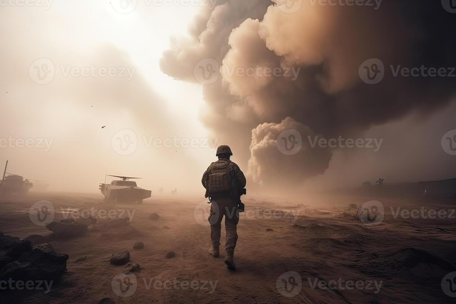 Lone soldier walking on the battlefield. Illustration of a military man walking on an empty destroyed environment. Destruction, war scene. Smoke and fog. Sad combat feeling. . photo