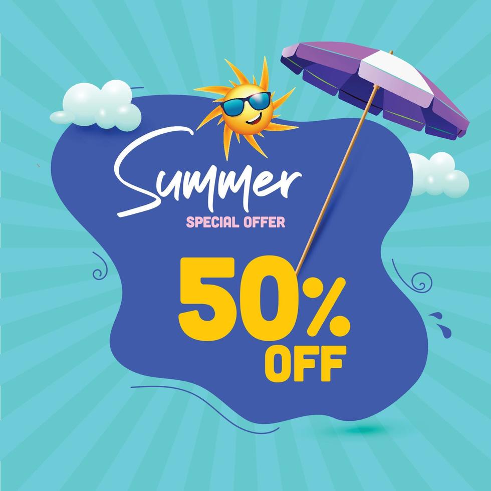 Summer Sale offer unit template with summer elements Parasol and sun in clouds vector