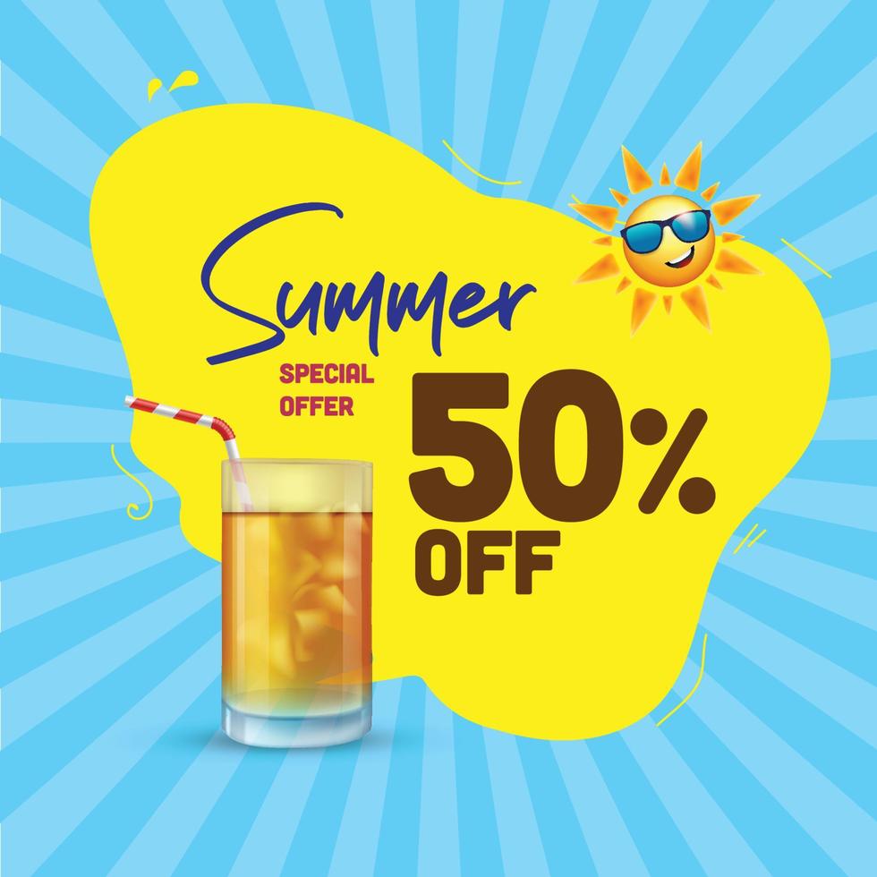 Summer Sale offer unit template with summer elements like sun and chilled cold drink vector