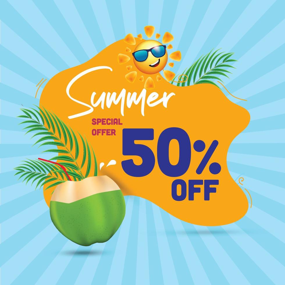 Summer Sale offer unit template with summer elements like sun coconut with straw and palm leafs vector