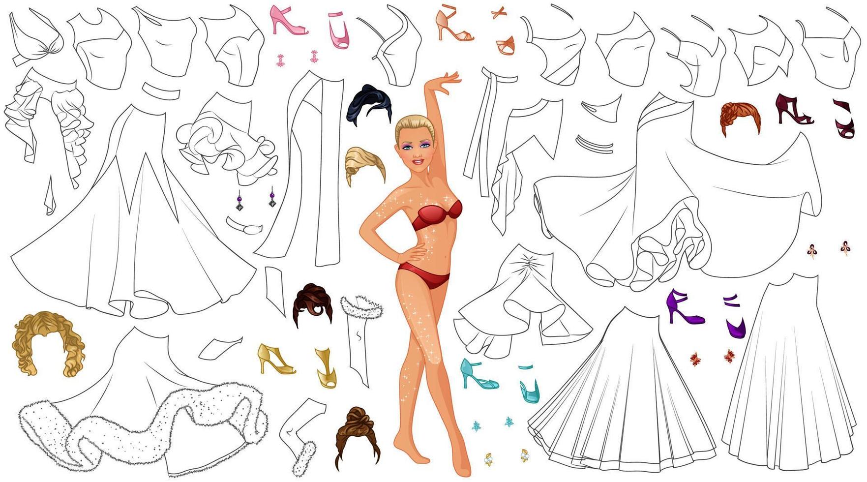 Ballroom Dancing Coloring Page Paper Doll with Female Figure, Outfits, Hairstyles and Accessories. Vector Illustration