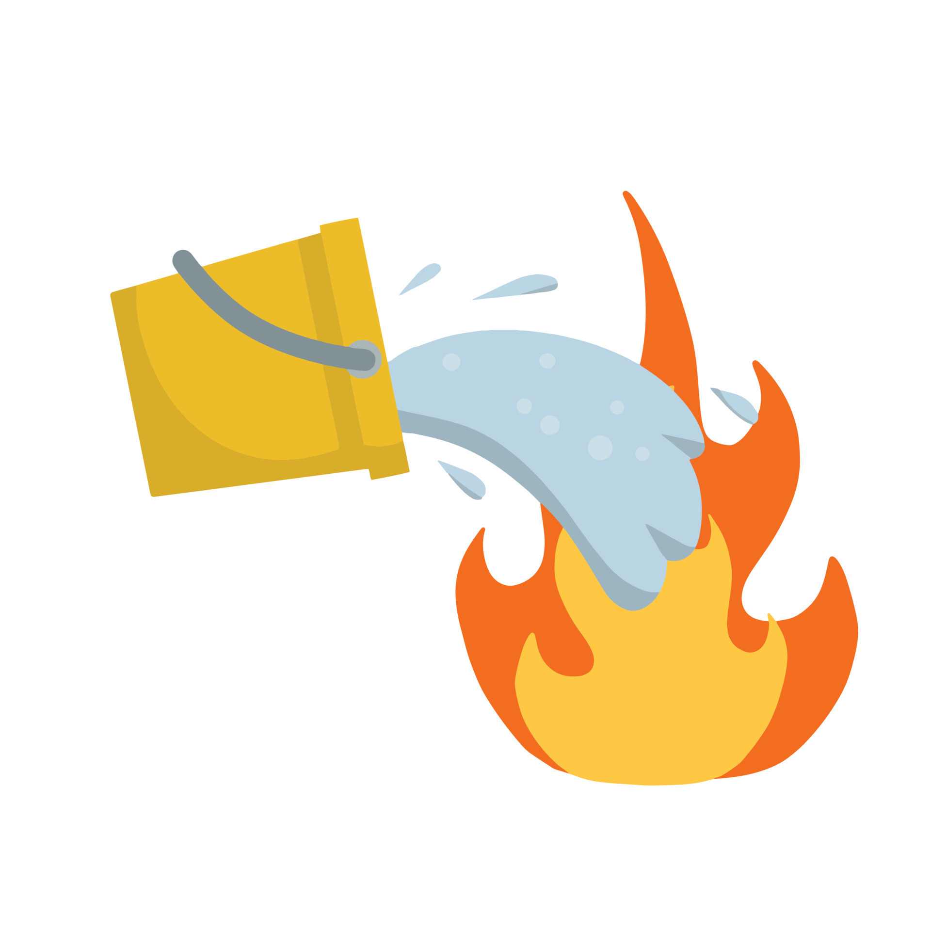 Bucket pours water on fire. Firefighting and spilling with spray. Flat