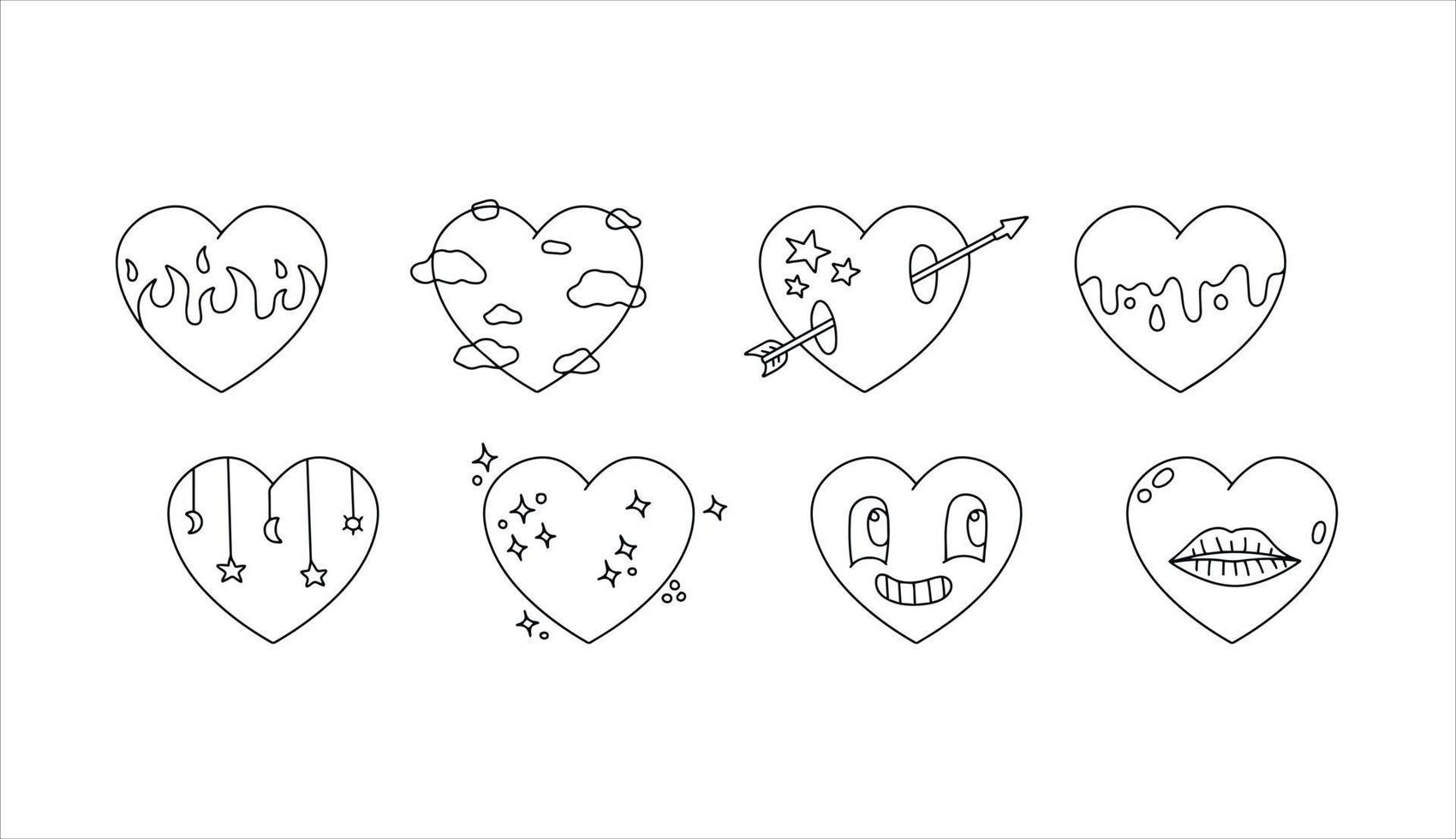 Set of hearts. Collection of retro vintage sticker. Hippie surreal icon of love. Cartoon flat vector illustrations isolated on white background. Bizarre psychedelic set