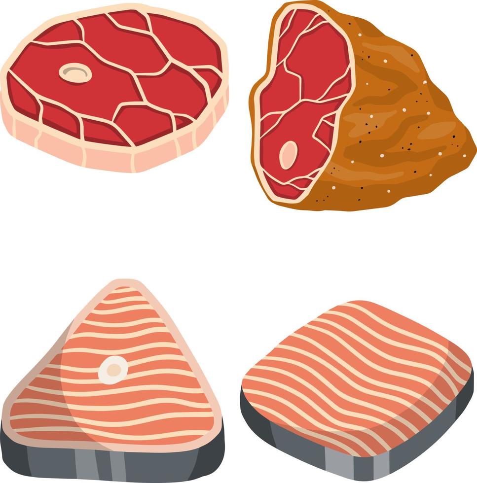 Piece of red salmon fish meat with pink stripe. Food for Cooking sushi. Set of Raw Seafood. Cut off part. Slices with grey skin. Kitchen and meal element. Cartoon illustration. Steak and barbecue vector
