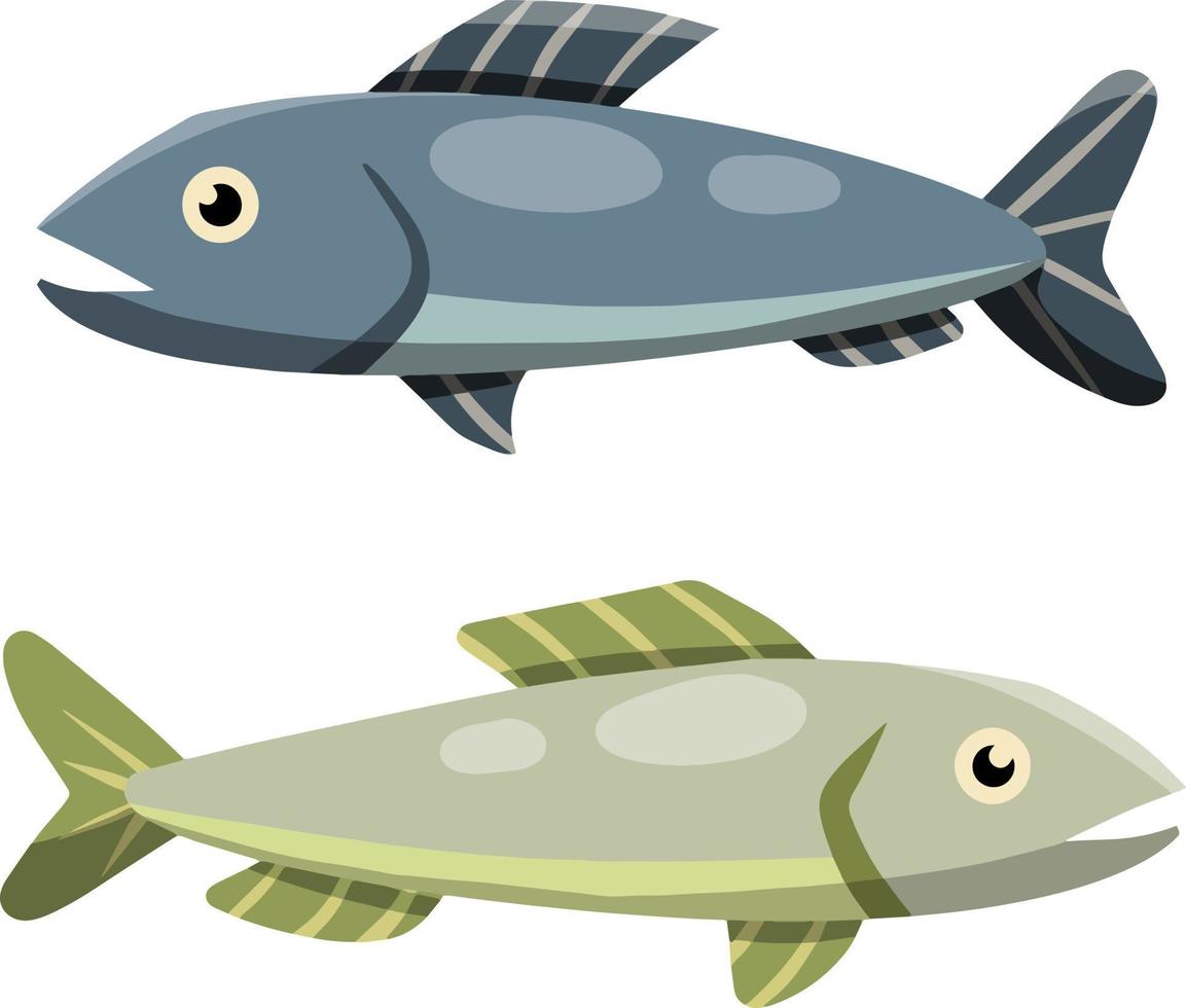 Set of fish. Sea food. Cartoon flat illustration isolated on white background. Element of fishing. River blue and grey animal with scales, fins and a tail vector