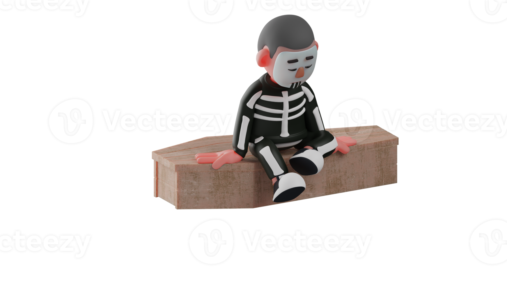 3D illustration. Sad Skeleton 3D cartoon character. A tired skeleton was sitting atop a closed coffin. Skeleton sat with his head down looking very pitiful. 3D cartoon character png