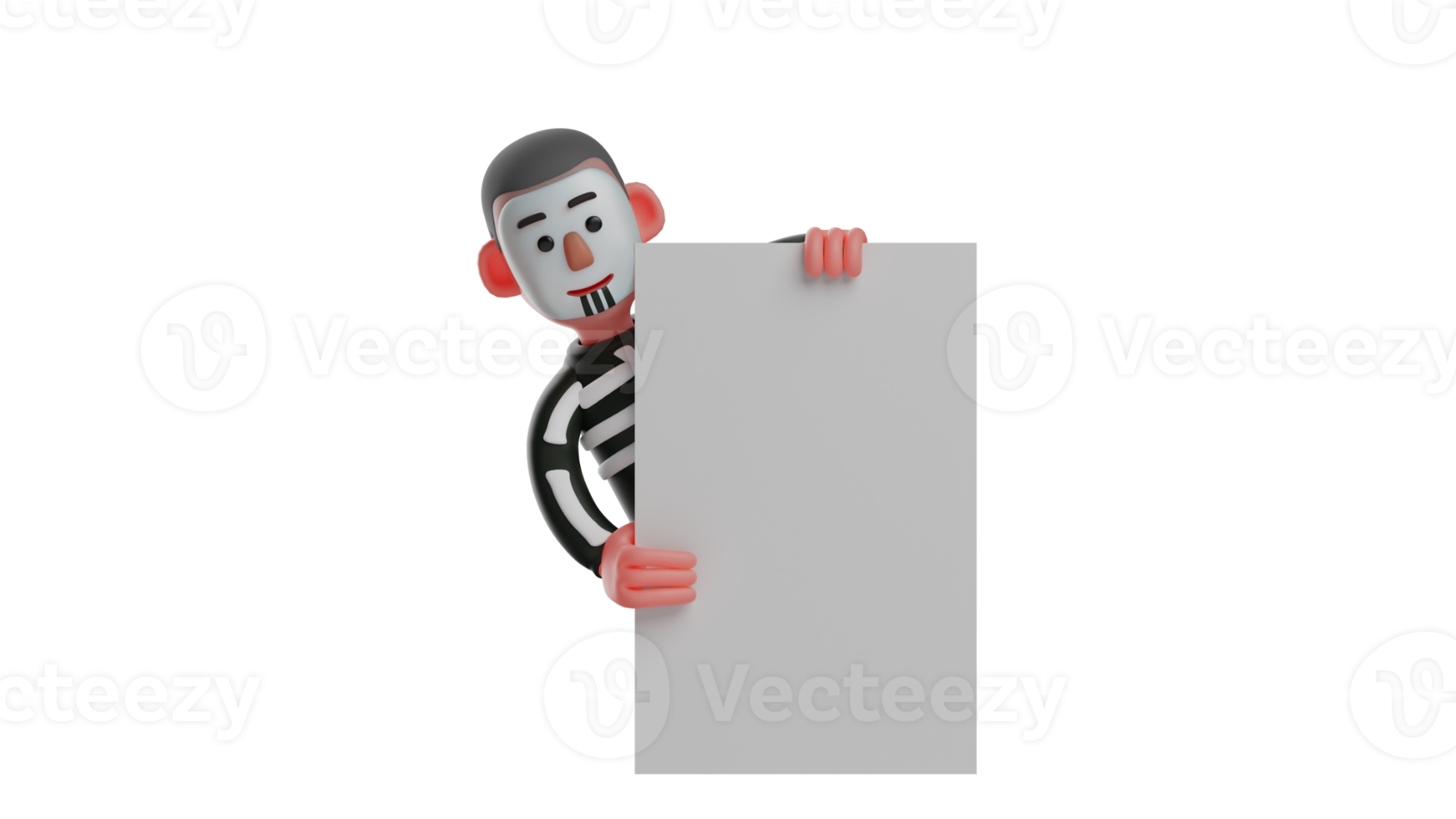 3D illustration. Cheerful Skeleton 3D cartoon character. Skeleton smiling sweetly standing behind the white board. Skeleton is playing hide and seek with his friends. 3D cartoon character png