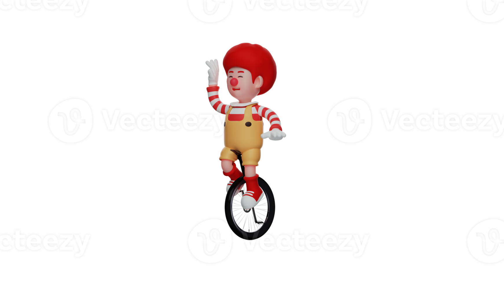 3D illustration. Happy Clown 3D cartoon character. Clown riding one wheel. Clown entertains at a party happily. The clown smiled while waving his hand. 3D cartoon character png