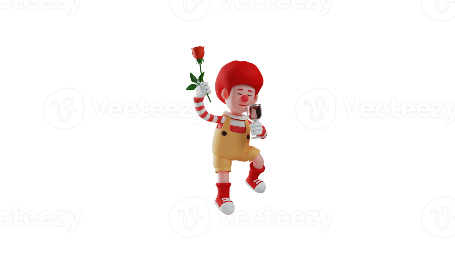 3D illustration. Romantic clown 3D cartoon character. Clown is enjoying the party. Clown holding a red rose and a glass of wine at a party. 3D cartoon character png