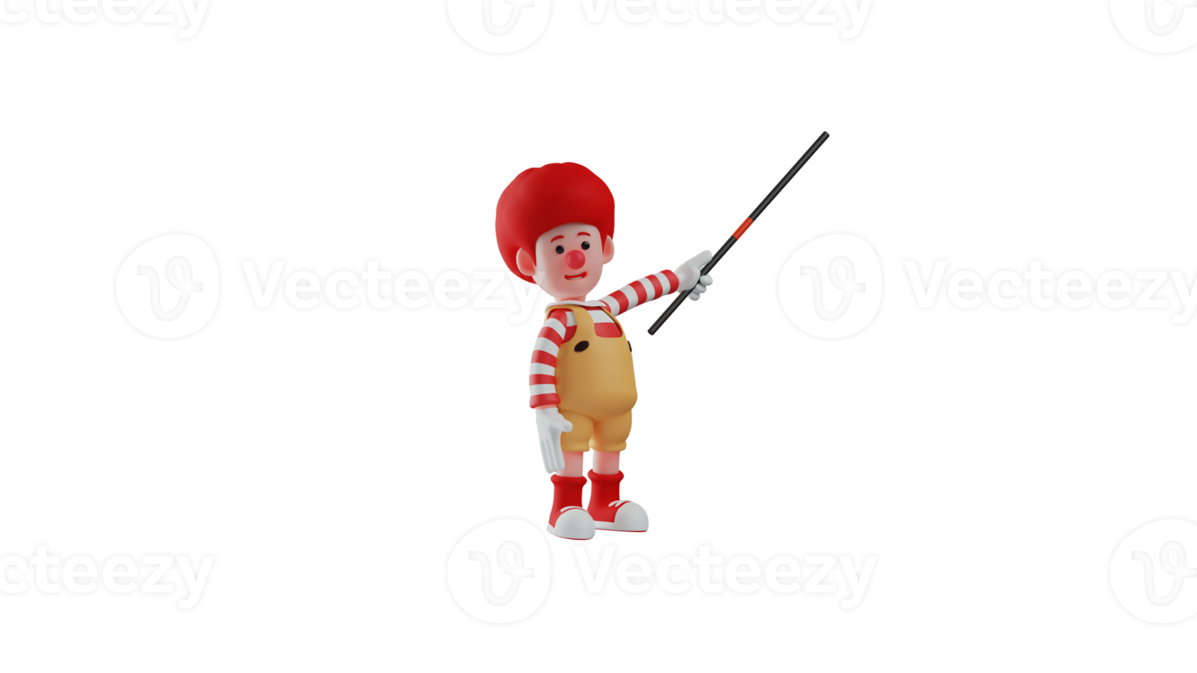 3D illustration. Mysterious clown 3D cartoon character. The clown is holding a very long magic wand. The clown showed a confused expression. 3D cartoon character png
