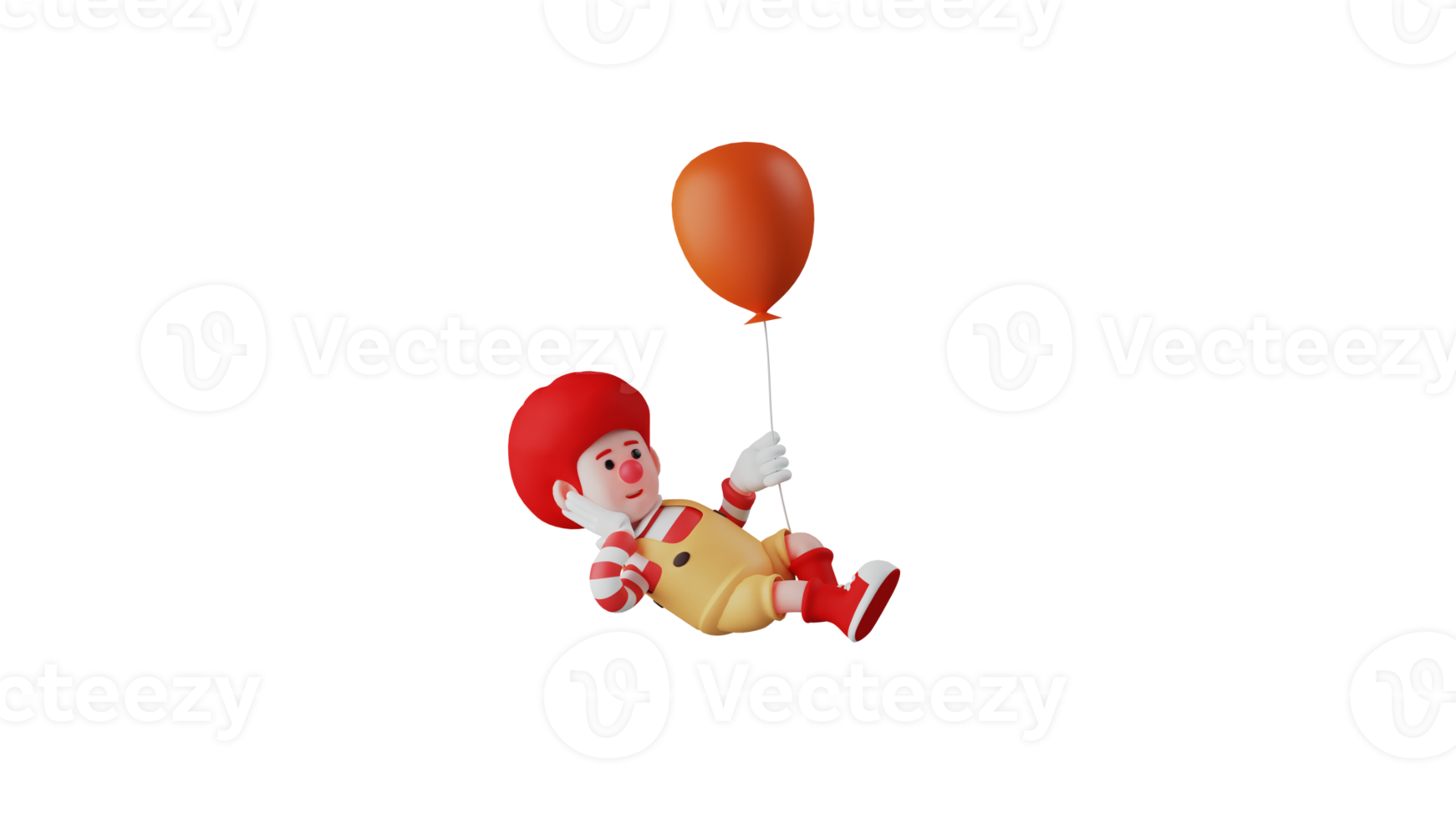 3D illustration. Relaxed Clown 3D cartoon character. Clown in a pose lying on his side and placing one hand on his chin. Clown lying down holding one orange balloon. 3D cartoon character png