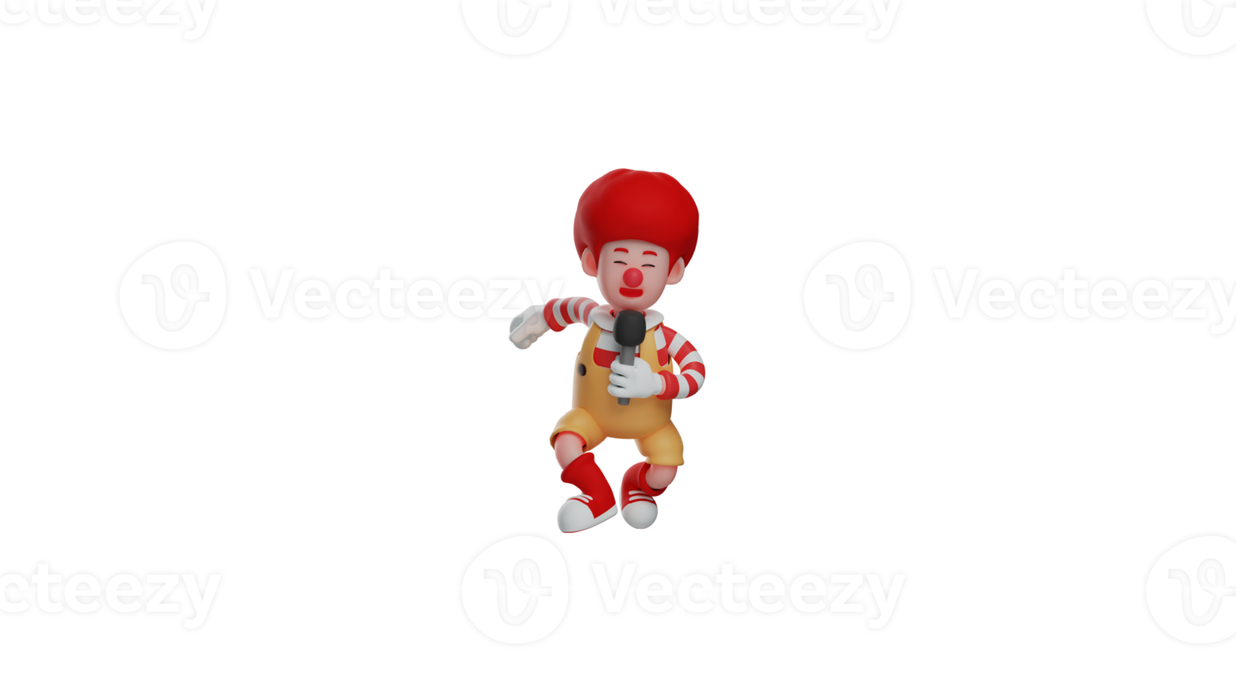 3D illustration. Unique Clown 3D cartoon character. The clown is entertaining the audience. Clown holding a microphone and singing a song. 3D cartoon character png