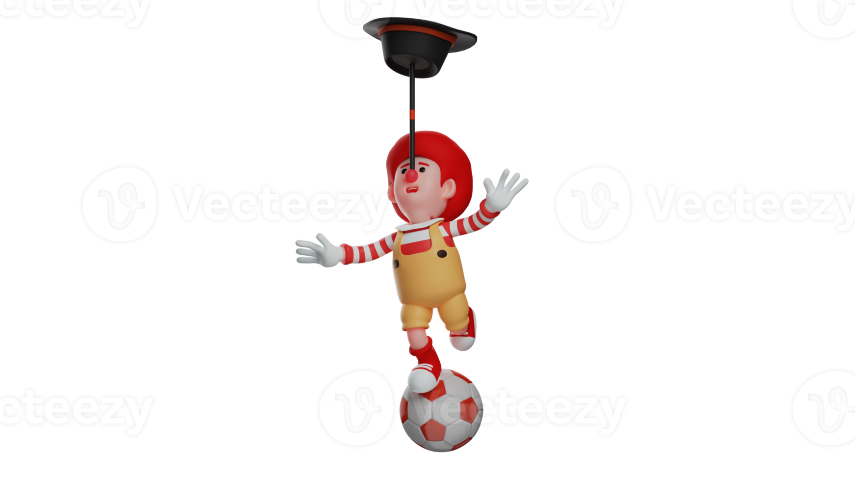 3D illustration. Amazing clown 3D cartoon character. Clown is doing his stunt. Clown stands on the ball with one foot. A quirky clown puts his hat and magic wand over his nose. 3D cartoon character png