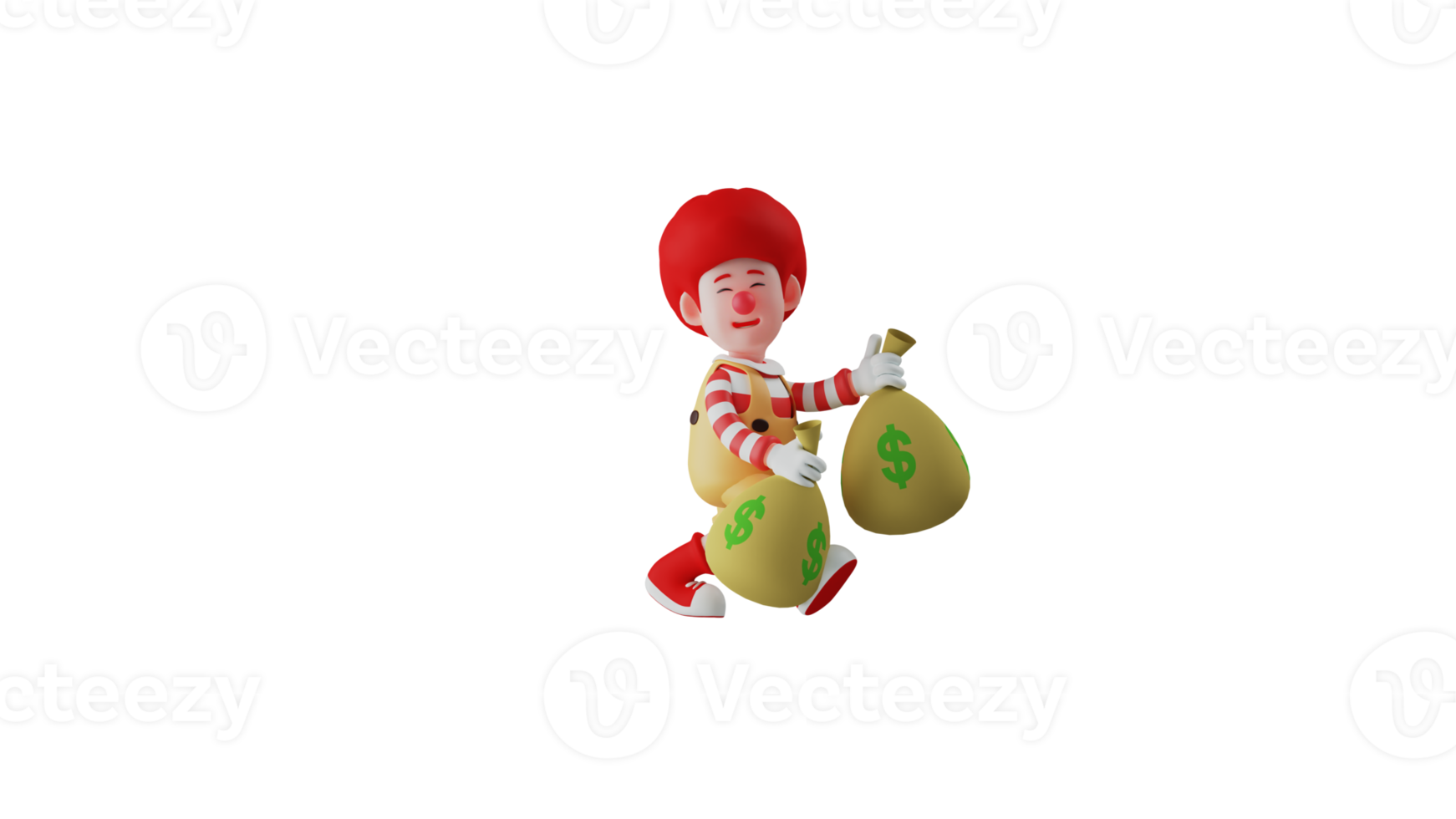 3D illustration. Successful clown 3D cartoon character. The clown brought two sacks containing the money he paid for. A rich clown walking around smiling happily. 3D cartoon character png