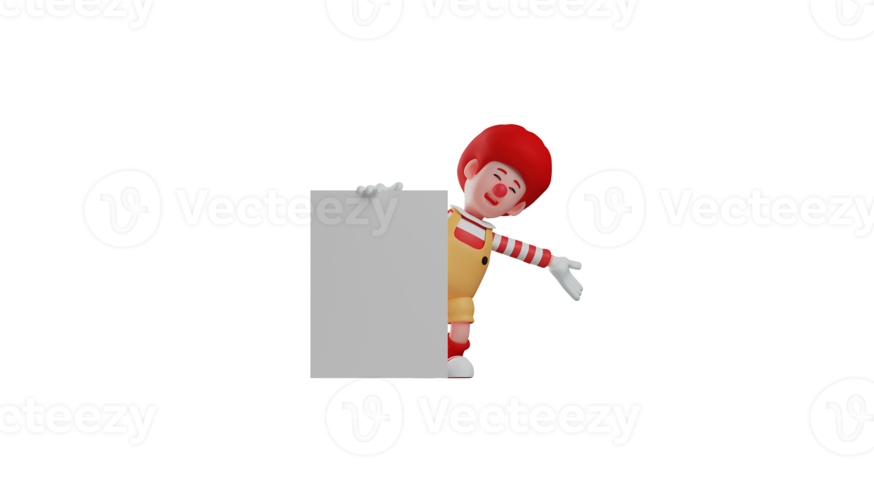 3D illustration. Clown 3D cartoon character. Clowns carry whiteboard in his show. Clown pointing at the board. The clown spreads his arms happily. 3D cartoon character png