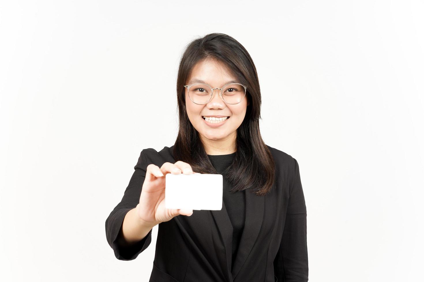 Holding Blank Bank Card Or Credit Card Of Beautiful Asian Woman Wearing Black Blazer photo