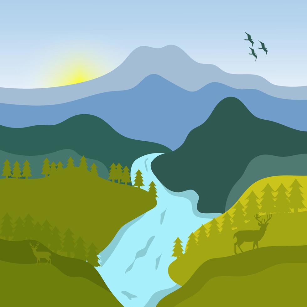 illustration design of cartoon mountain scenery in the morning with a flowing river. flat panorama spring summer beautiful nature, green meadow, mountains landscape vector illustration