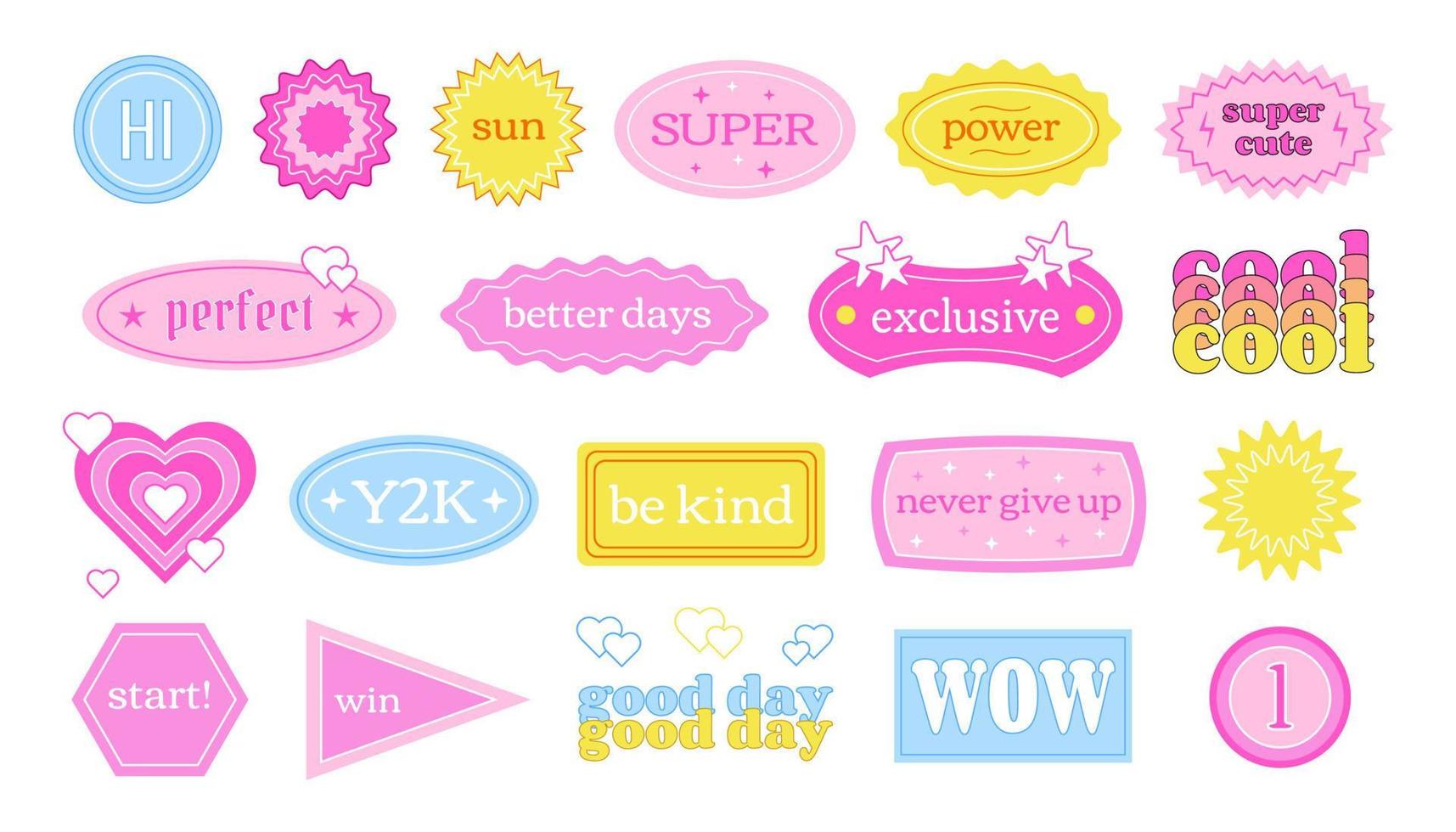 Y2K retro labels with short phrases and motivations, sticker pack, vector collection of tags and stickers in retro style.