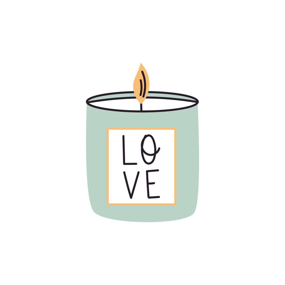Candle in glass jar. Candle with the lettering Love. Concept of Self-love. Element for print, postcard and poster. Vector illustration