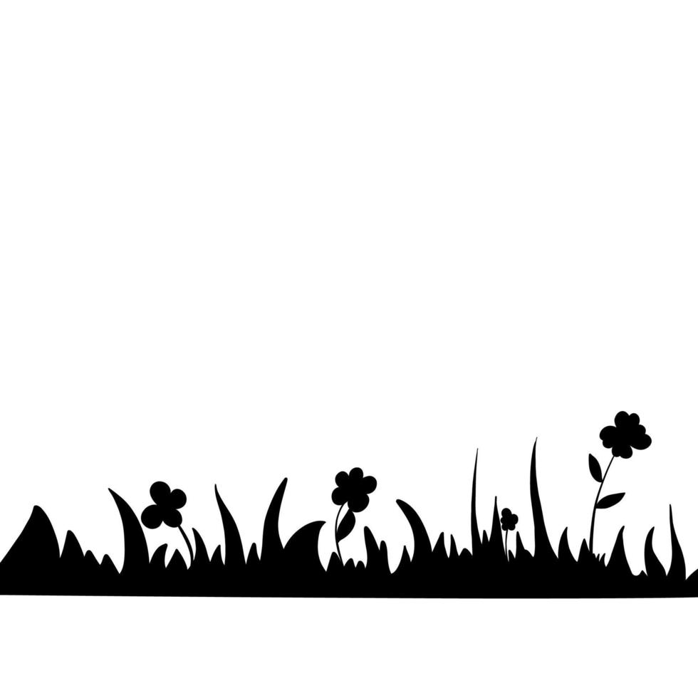 negro silueta de césped con flores vector