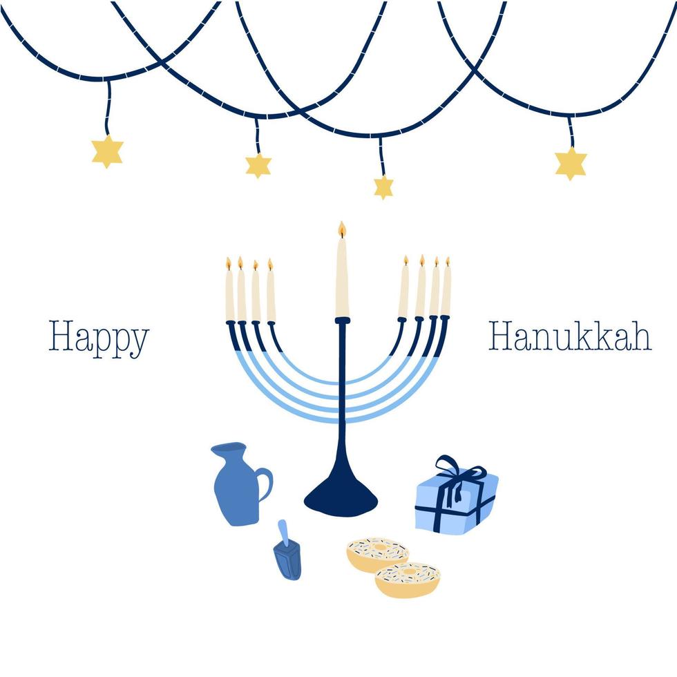 Happy Hanukkah banner with menorah gift oil donuts whirligig vector