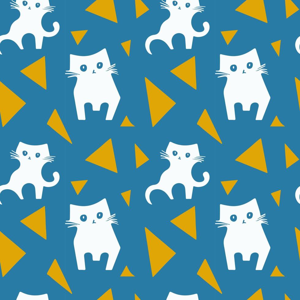 White cats seamless vector pattern. Primitive hand drawn illustration. Funny doodle kittens with yellow triangle on blue background. Naive childish art for fabric, textile, cover, packaging, wrapping
