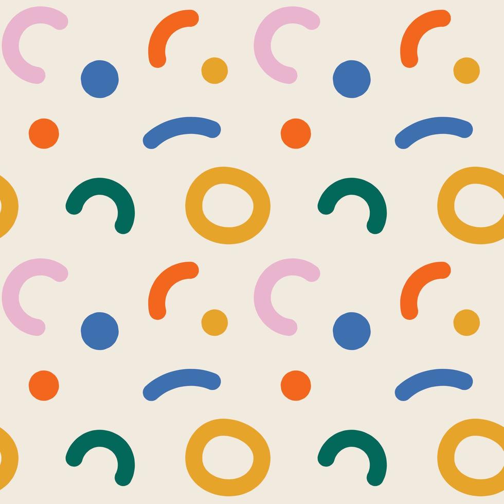 Naive seamless pattern with crazy colorful doodle lines on beige background. Creative minimalistic trendy cover design for kids. Simple childish scribble backdrop. Memphis style vector illustration