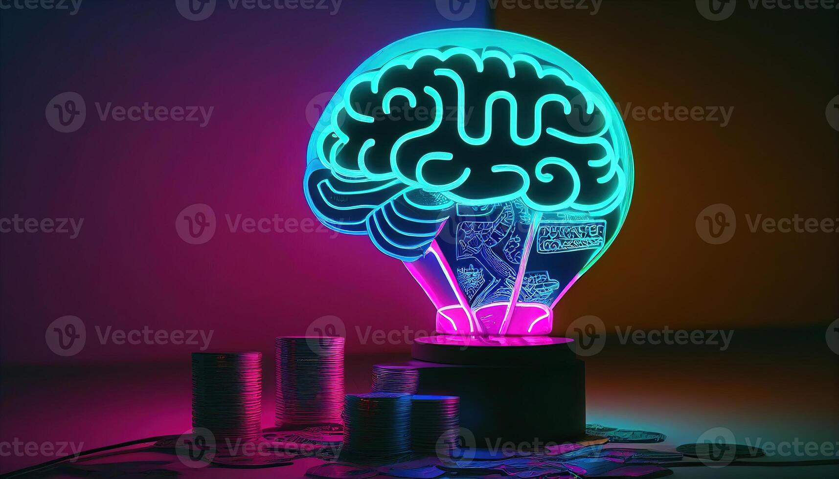 illustration collage with brain lamp bulb with neon lights and coins money. Idea and creativity concept photo