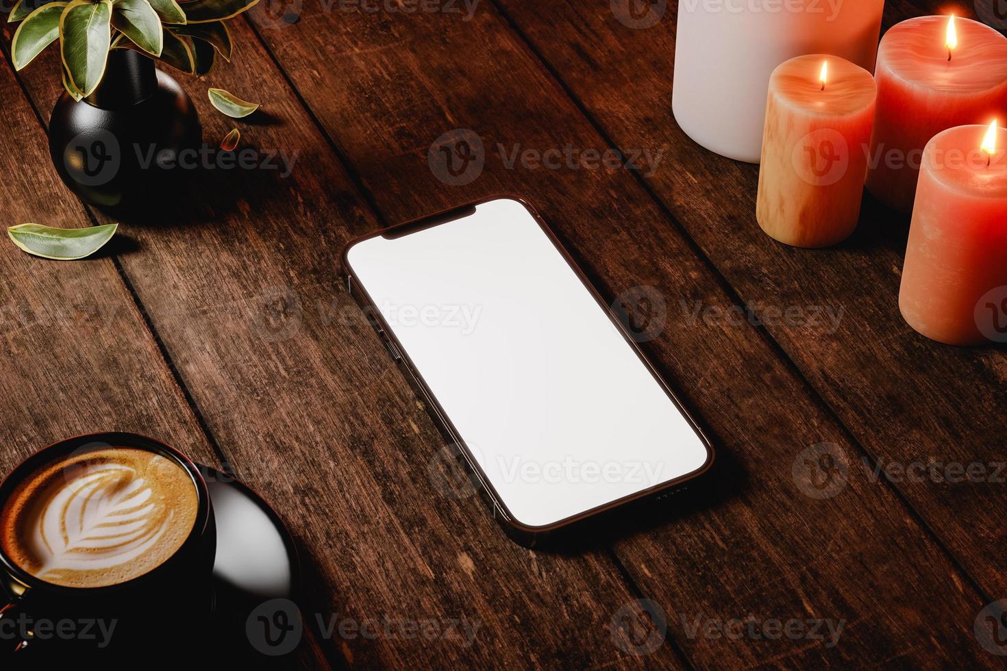 3D rendering of modern smartphone with blank screen placed on wooden table photo