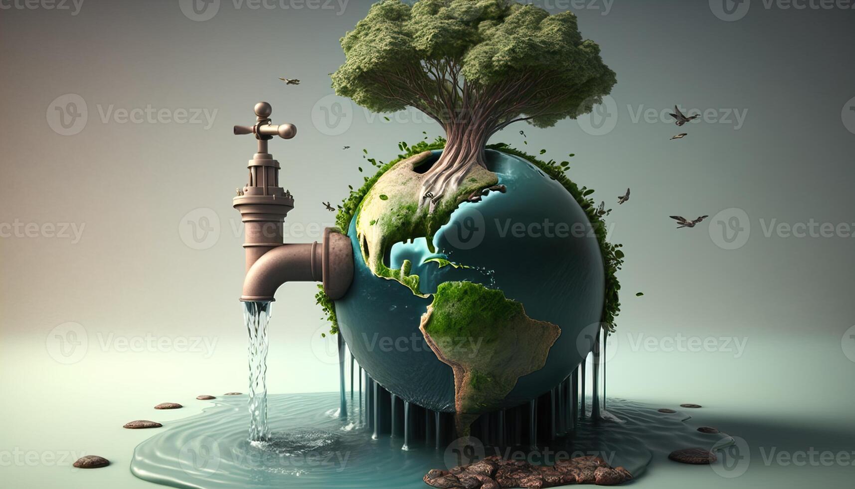 Faucet with flowing water on globe with growing tree. photo