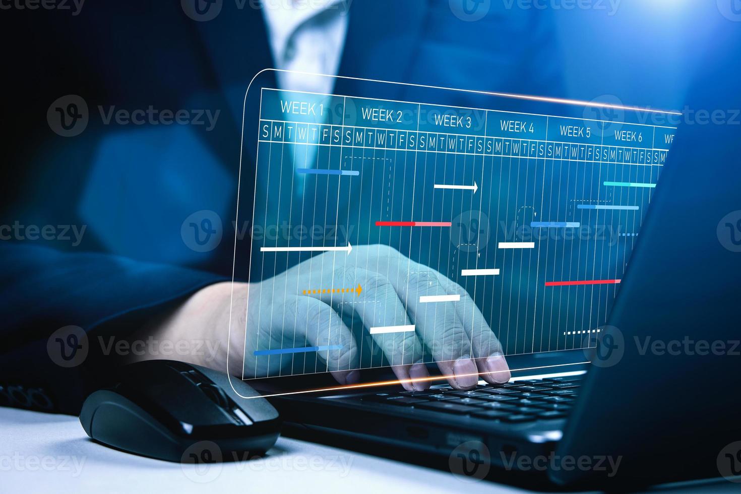 Planning, analysis and preparation of action plans. Businessman showing virtual screen to manage work projects and update work progress with scheduling work to achieve success efficiently photo