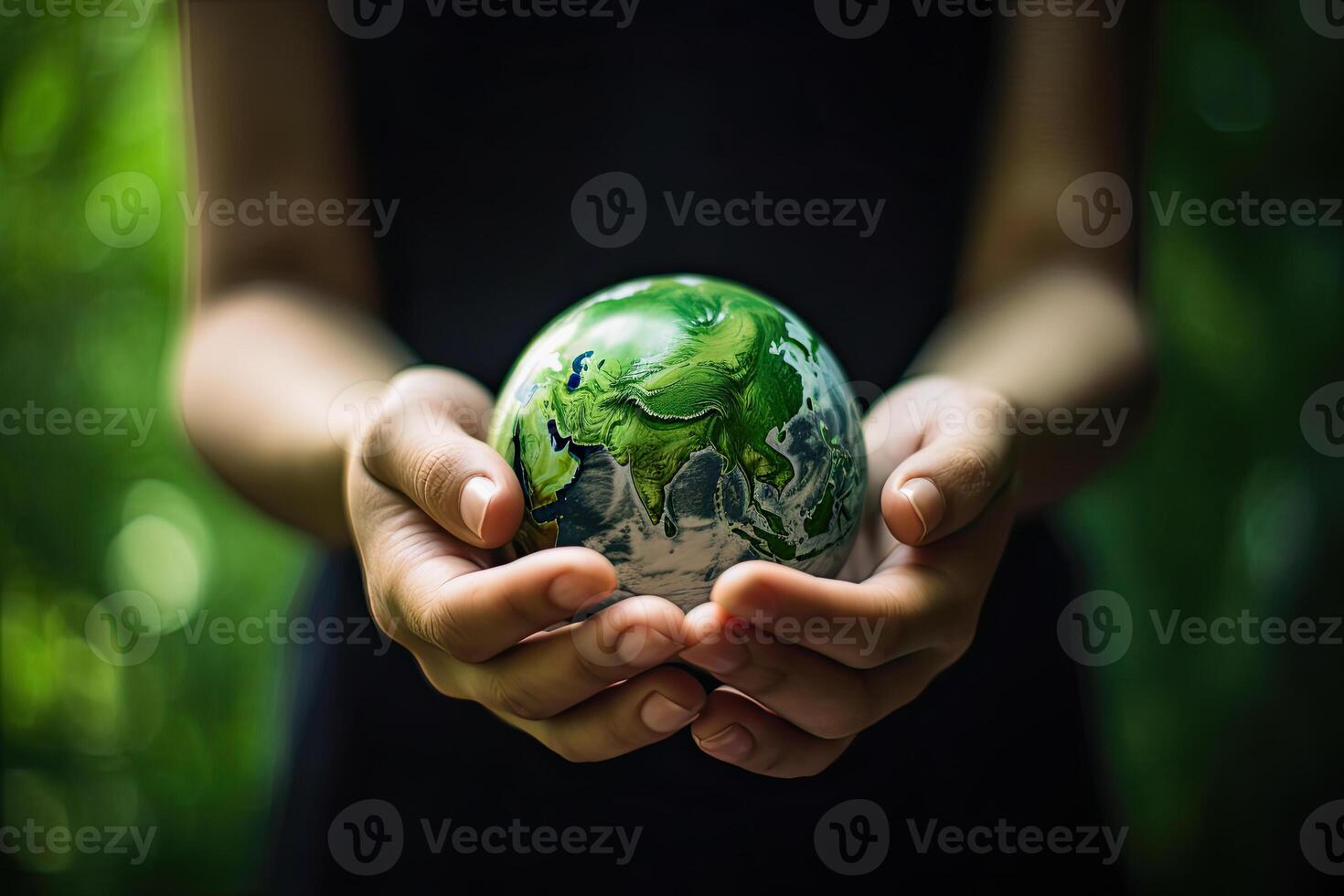 illustration of green healthy planet earth in child hands photo