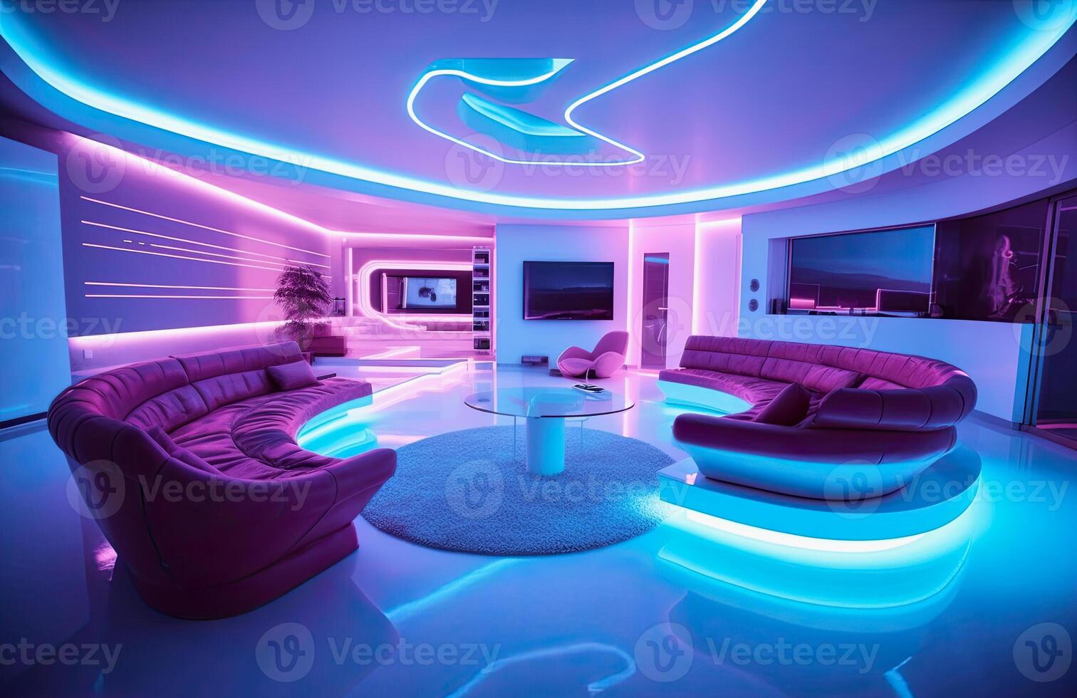 illustration of a blue neon colored futuristic living room photo