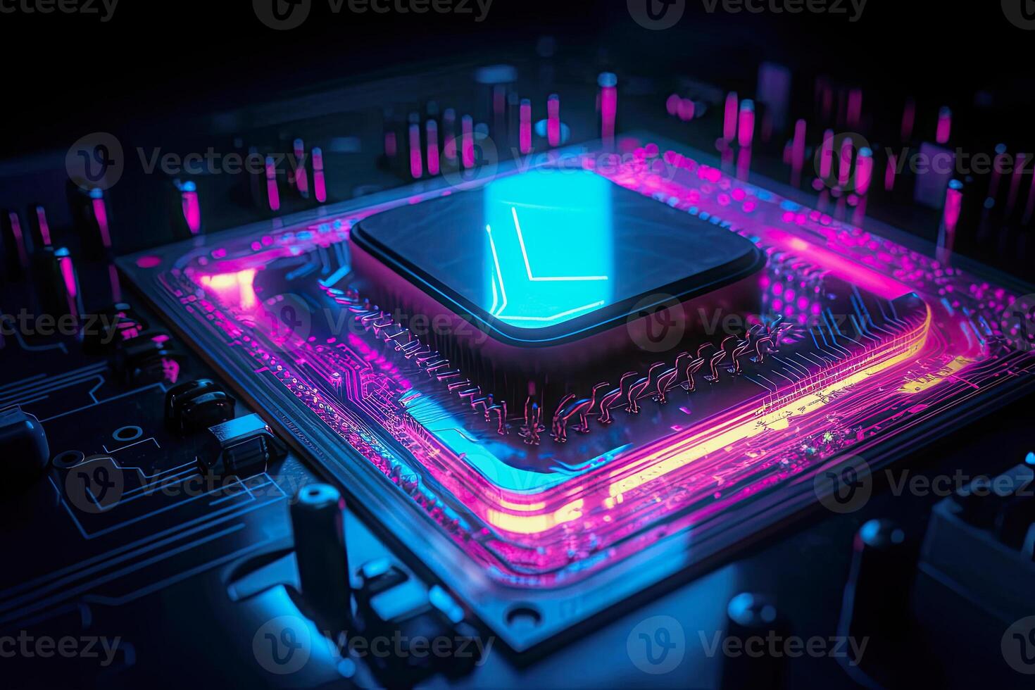 illustration of a computer chip in purple and blue neon colors photo