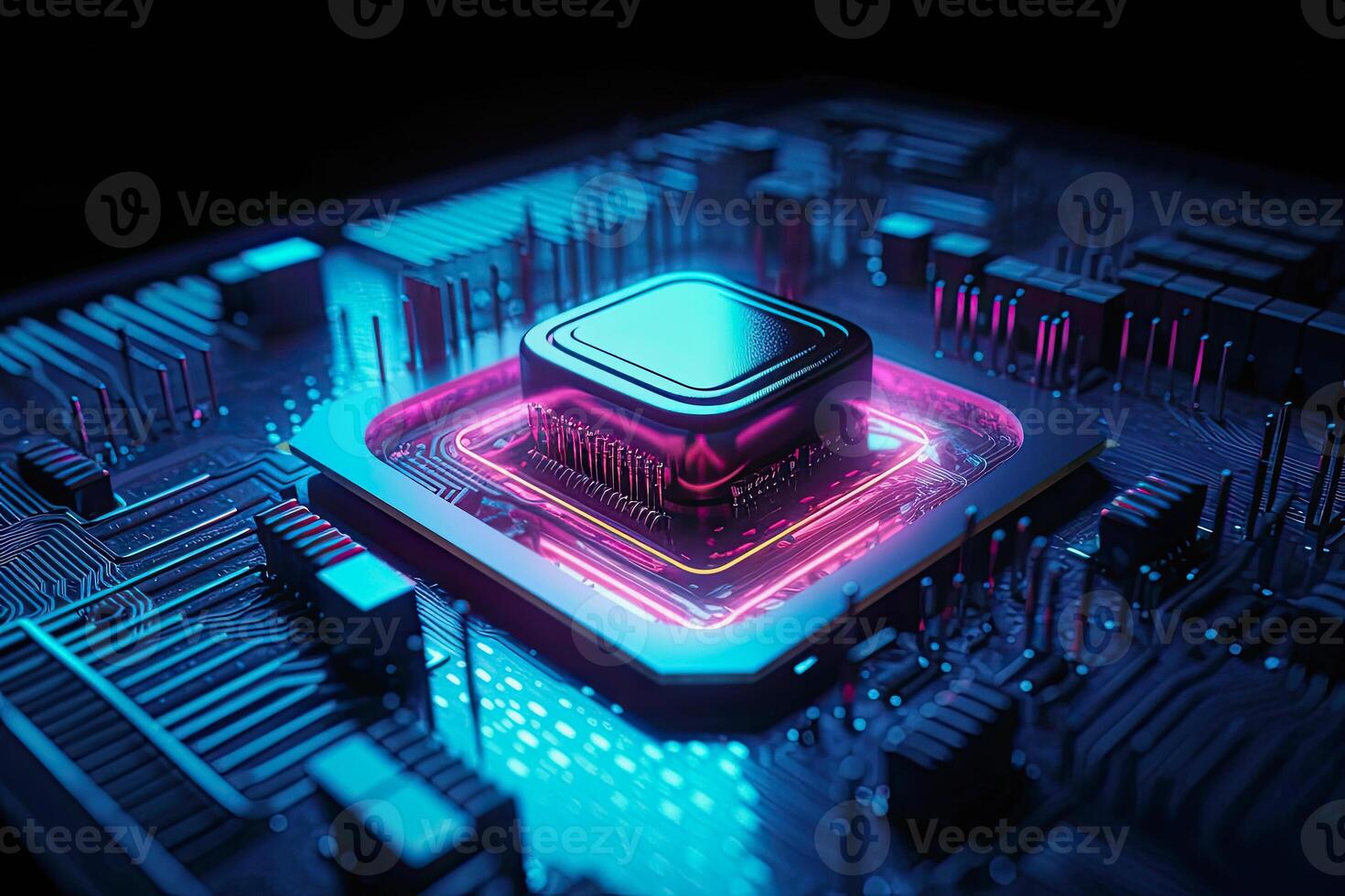 illustration of a computer chip in purple and blue neon colors photo