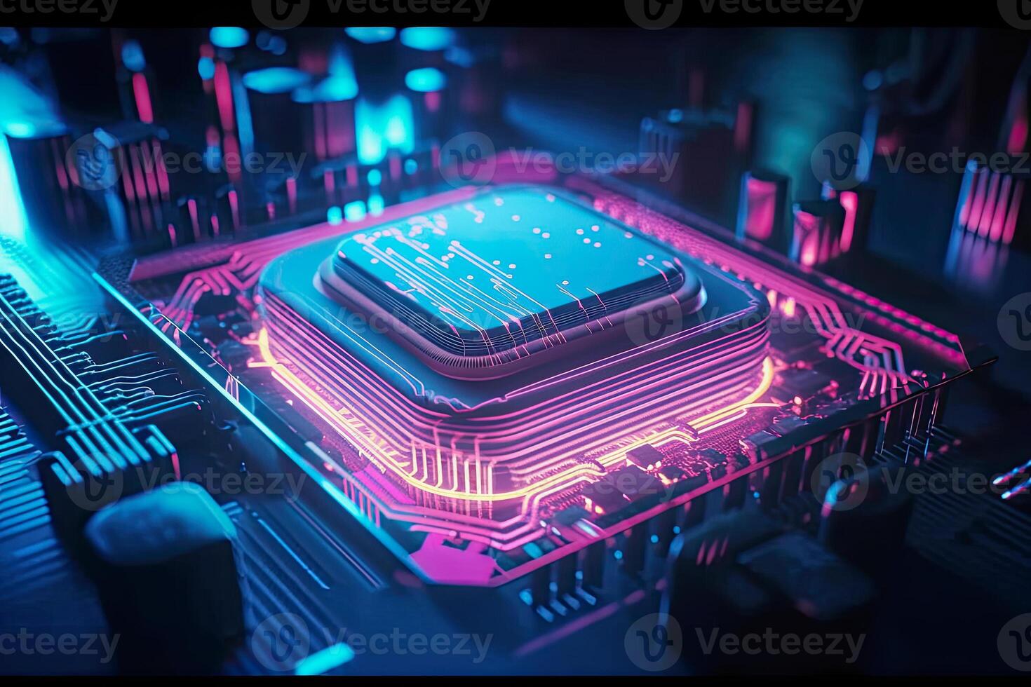 illustration of a computer chip in purple and blue neon colors photo